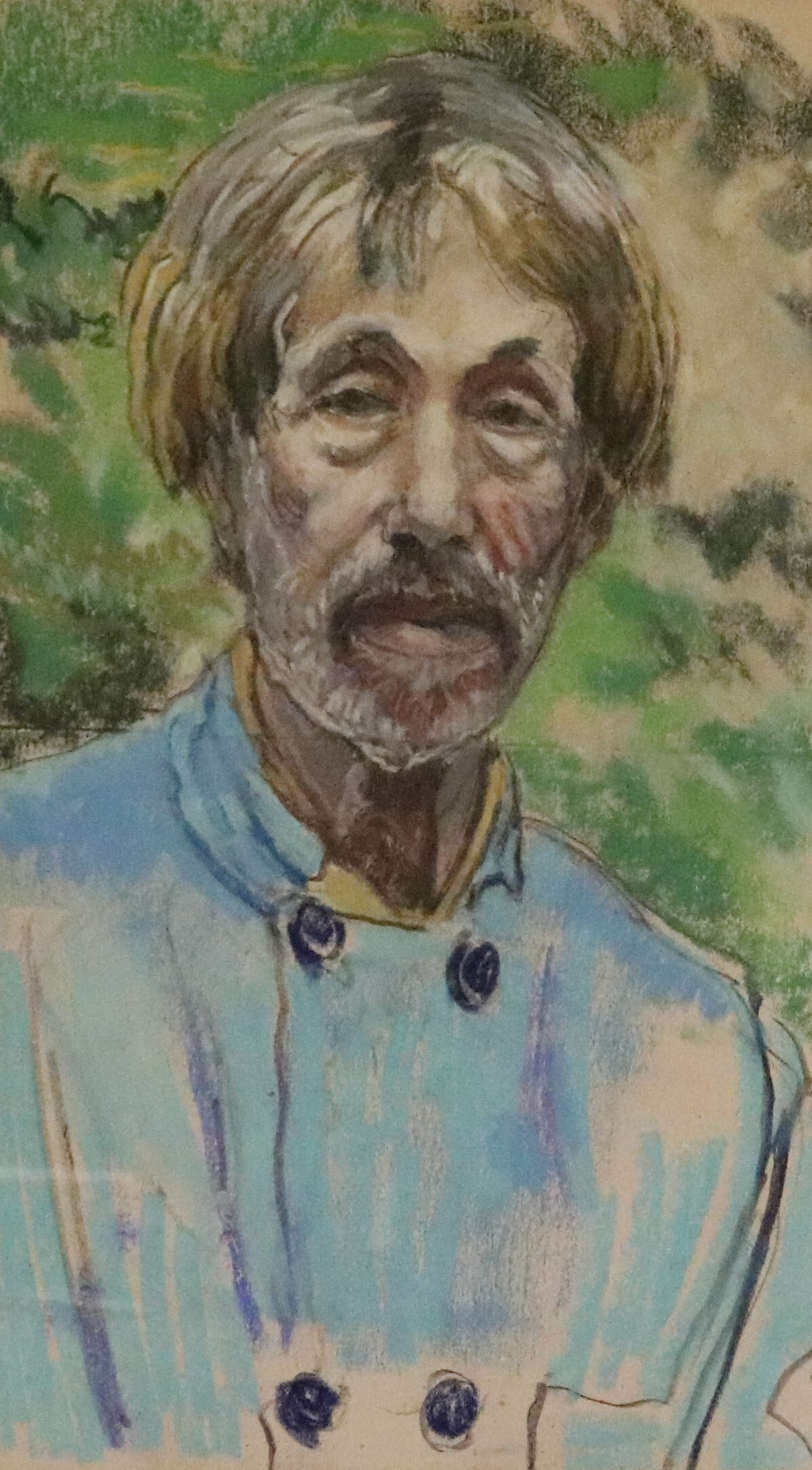 AMERICAN SCHOOL (20th century). Portrait of a Bearded Man in Blue, Pastel on paper, Sight (as: AMERICAN SCHOOL 20th century Portrait of a Bearded Man in Blue Pastel on paper Vivid pastel portrait of a bearded, silver-haired man in a light blue button-front shirt, set against a loosely rendered 