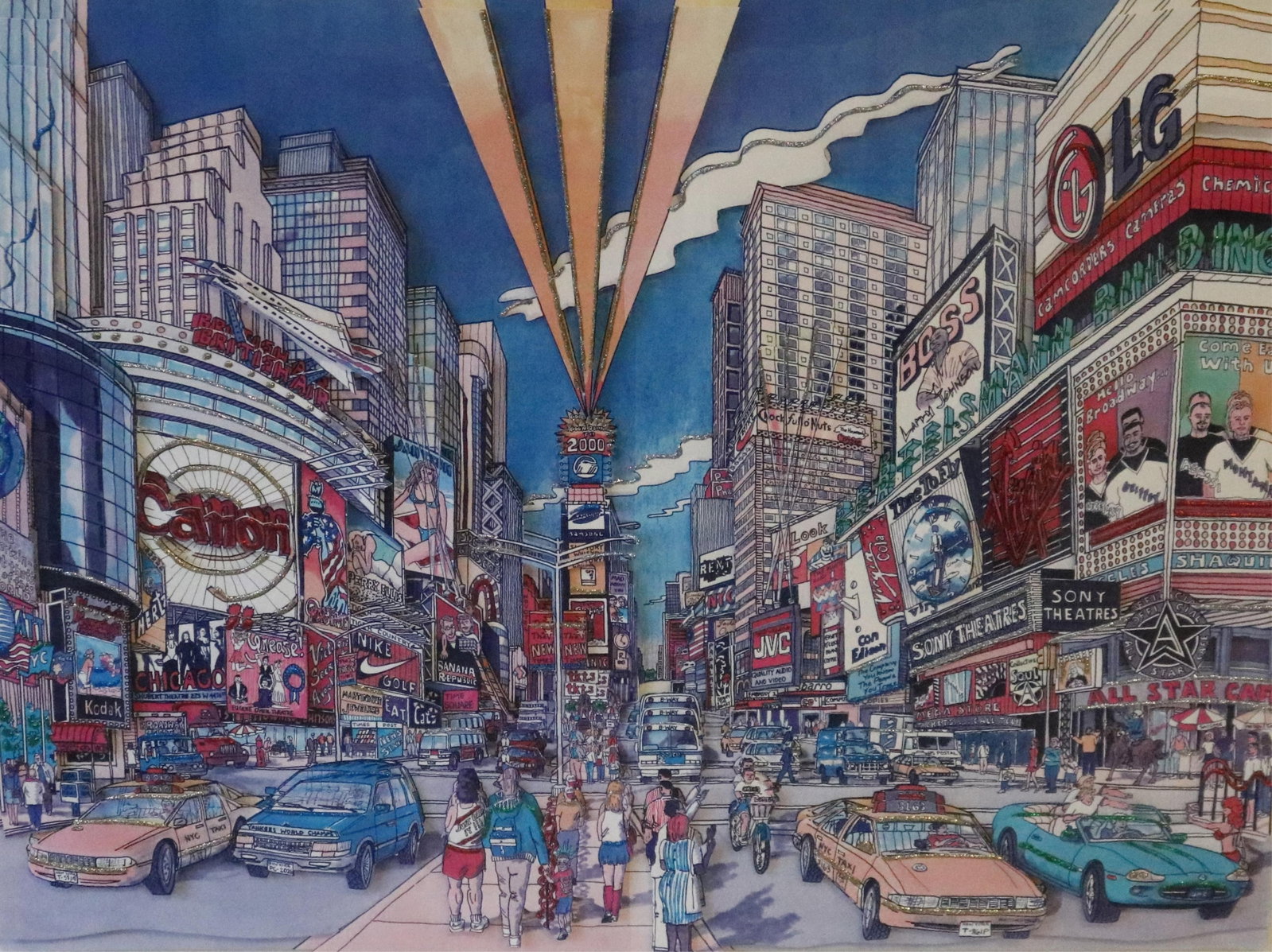 STEPHEN SZYNAL (AMERICAN, 20th CENTURY). Times Square -- Countdown to 2000, multi-dimensional: STEPHEN SZYNAL AMERICAN, 20th CENTURY Times Square -- Countdown to 2000 multi-dimensional collage "Artist proof" numbered 7 of an edition of 50. Pencil numbered, titled and signed at base. It is a vib