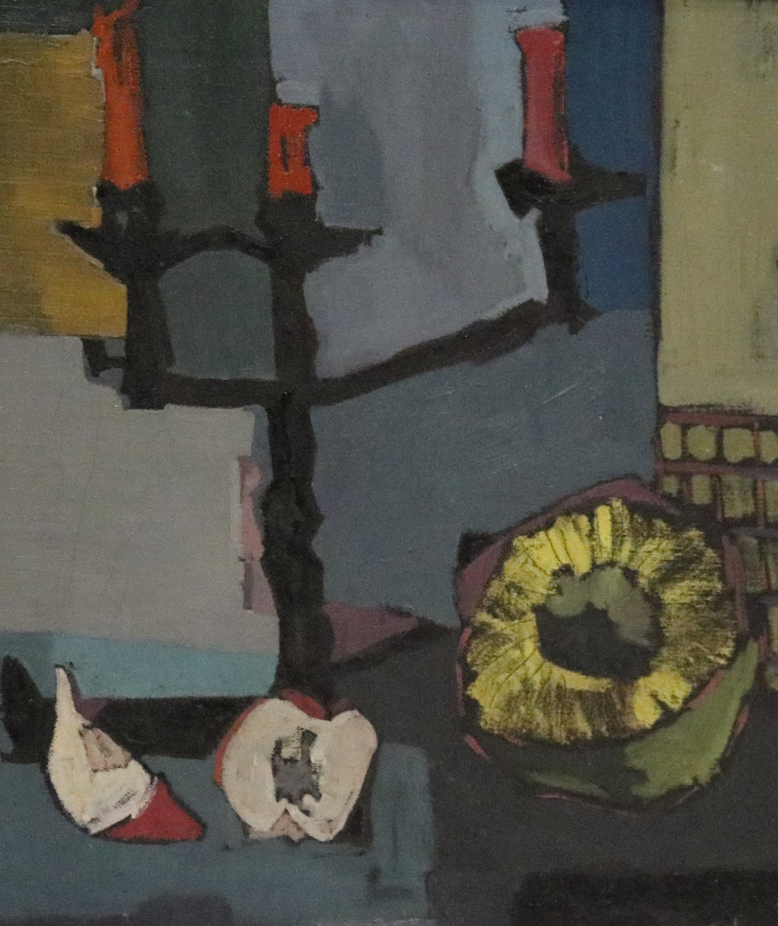 CARL WILLIAM PETERS (ATTRIBUTED) (American, 1897 - 1980). Candlestick and Sunflower, Cubist Still: CARL WILLIAM PETERS (ATTRIBUTED) American, 1897 - 1980 Candlestick and Sunflower, Cubist Still Life Oil on canvas Signed 'PETERS" lower right. A cubist-influenced still life featuring a dark three-bra