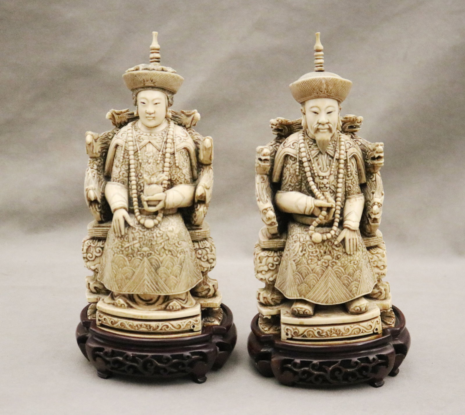 CHINESE CARVED DECORATIVE FIGURINES OF EMPEROR AND EMPRESS - H: 10 3/4 in.. (1 of 11)