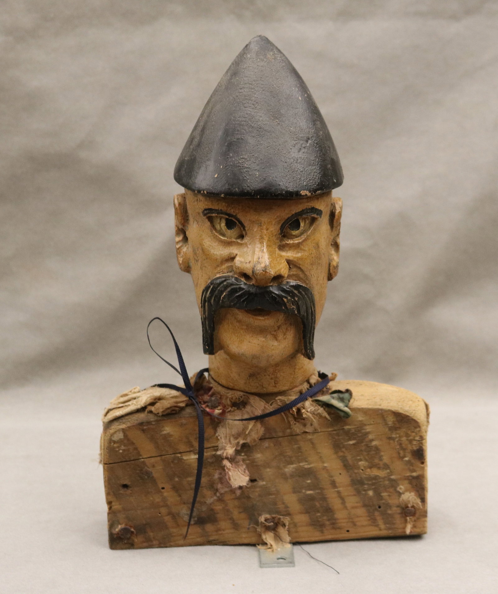 CHINESE CARVED AND POLYCHROMED PAINTED WOODEN HEAD OF MARIONETTE FASHIONED AS OFFICER - H: 11 1/2 (1 of 9)