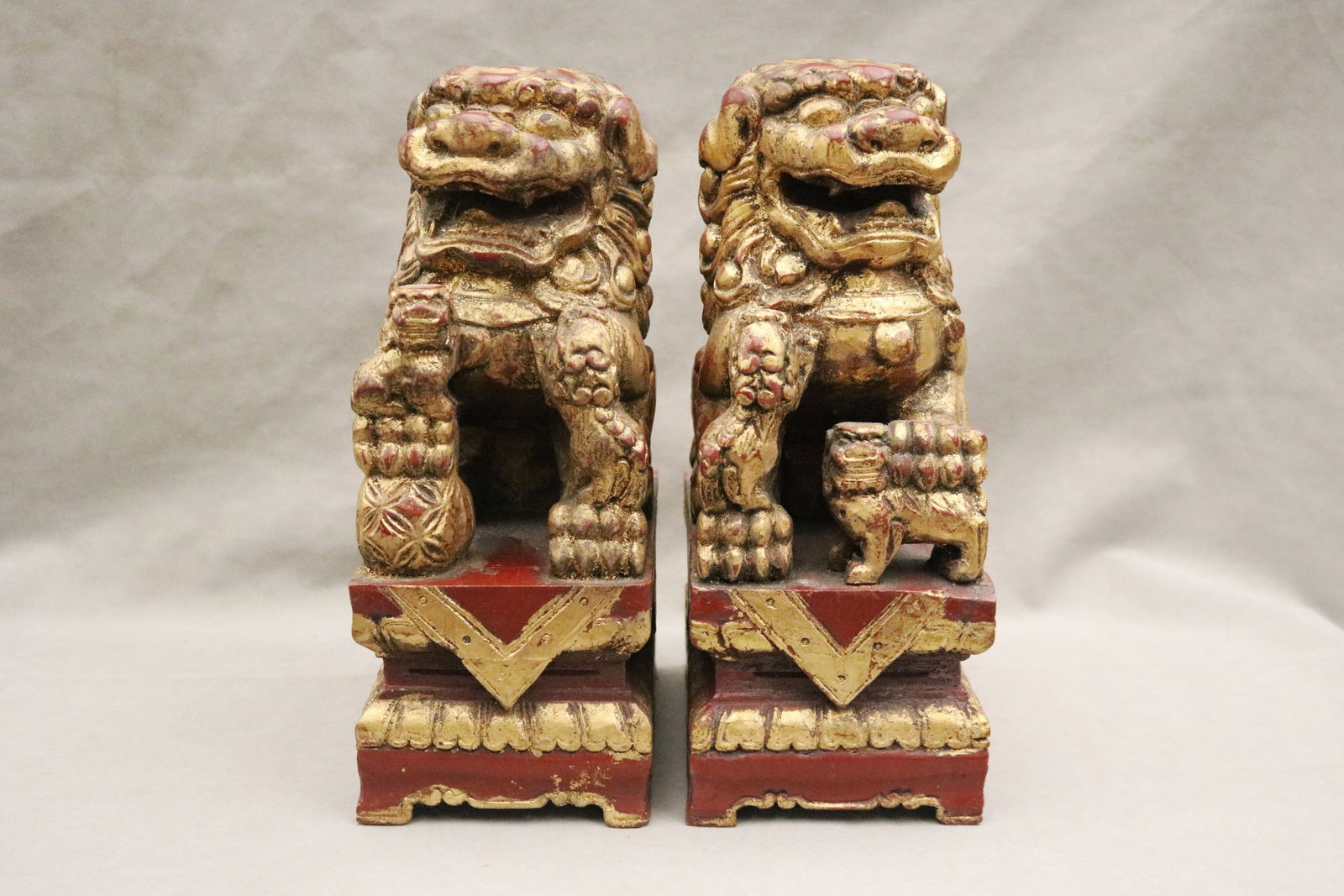 PAIR CHINESE CARVED GILT-WOOD FIGURES OF FU DOGS - H: 14 in.. (1 of 5)