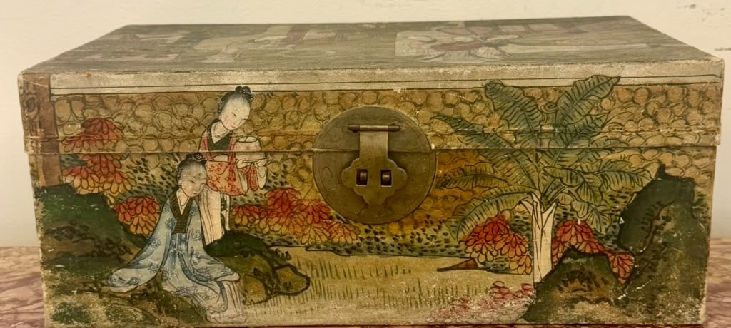 CHINESE FIGURAL POLYCHROME PAINTED PIGSKIN RECTANGULAR TABLE TOP BOX - Top, 17 1/2 in. x 10 1/2 in.. (1 of 11)
