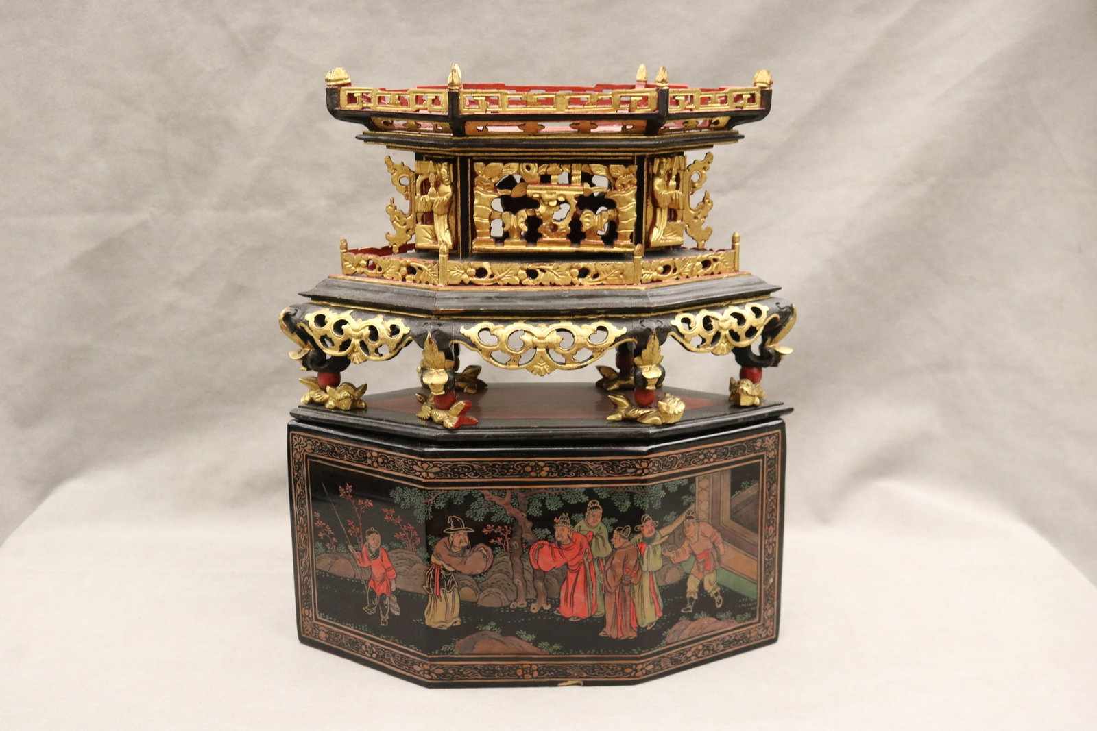 CHINESE CARVED, PAINTED AND ARCHITECTURAL ORNAMENT ON SEPARATE LACQUERED BASE - Overall, H: 15 1/2 (1 of 9)