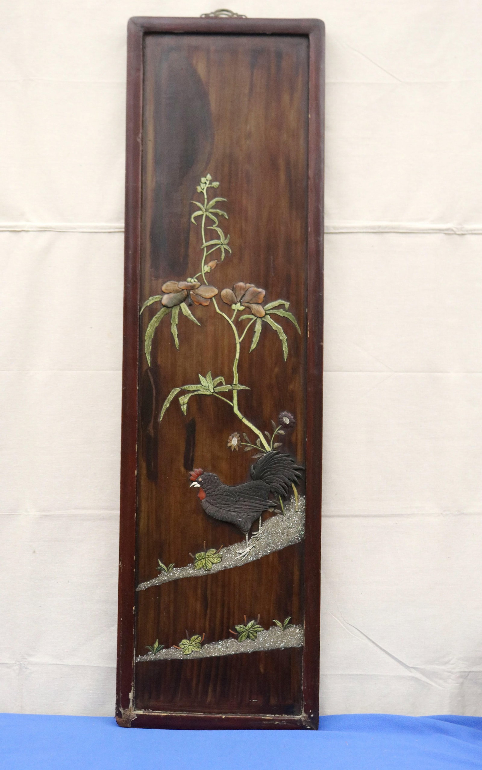 CHINESE HARDSTONE-INLAID WOOD WALL PANEL WITH ROOSTER AND FLOWERS early 20th century - 55 in. x 15 (1 of 11)