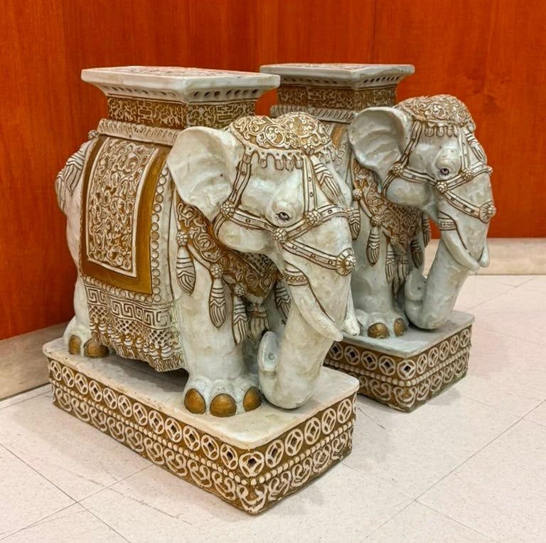 PAIR OF CREAM COLOR GLAZED CERAMIC ELEPHANT-FORM GARDEN SEATS - H: 21 in.. (1 of 8)