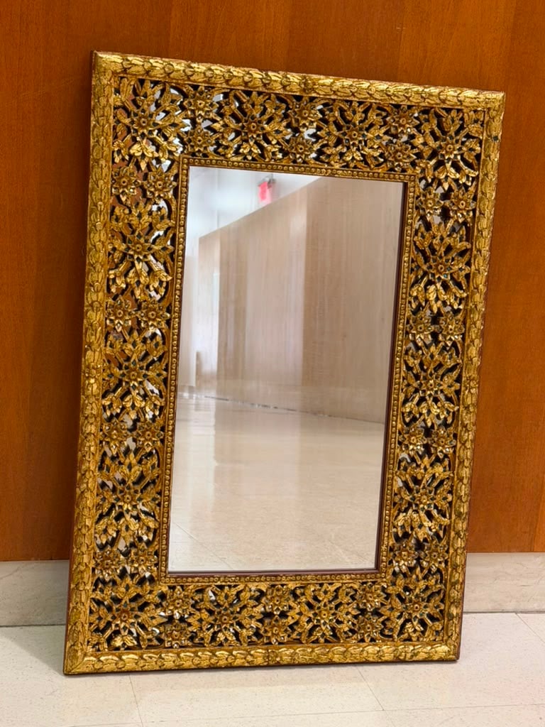 CHINESE GILT FRAMED RECTANGULAR WALL MIRROR GILT OPENWORK FLORAL - 30 in. x 21 in.. (1 of 5)