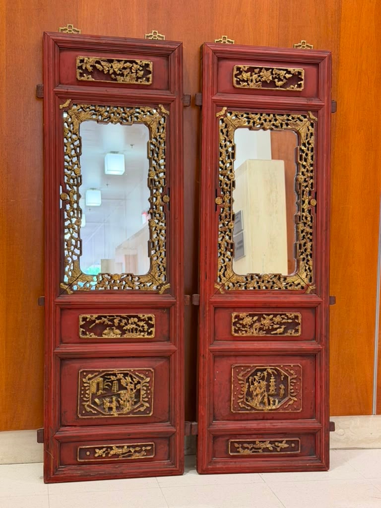 PAIR CHINESE CARVED AND GILT-WOOD PANELS INSET WITH MIRRORS - 49 1/2 in. x 15 1/2 in.. (1 of 7)