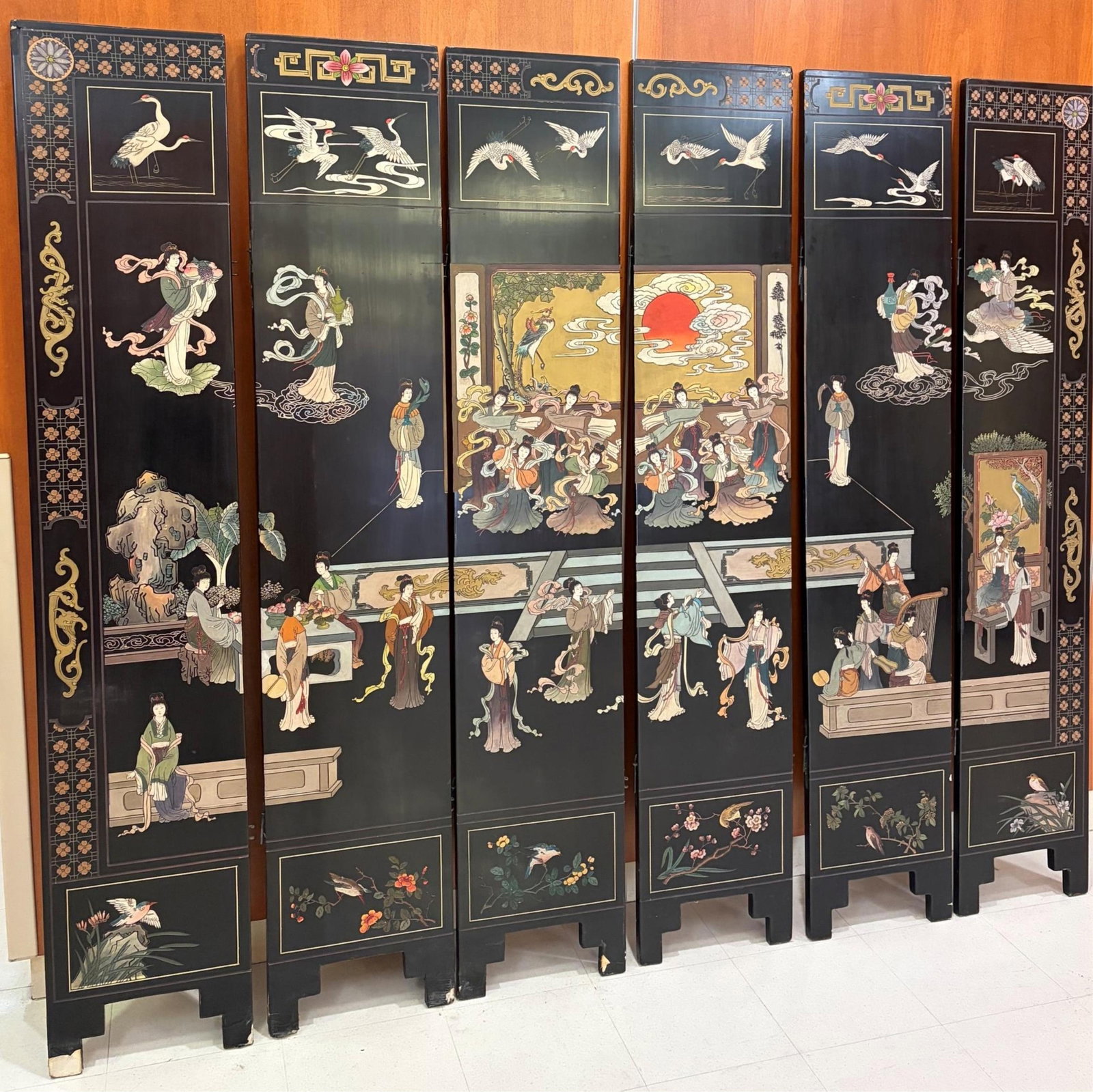 CHINESE BLACK LACQUER SIX-PANEL COROMANDEL SCREEN WITH COURT BEAUTIES, CRANES, AND CELESTIAL: CHINESE BLACK LACQUER SIX-PANEL COROMANDEL SCREEN WITH COURT BEAUTIES, CRANES, AND CELESTIAL LANDSCAPE Coromandel-style
