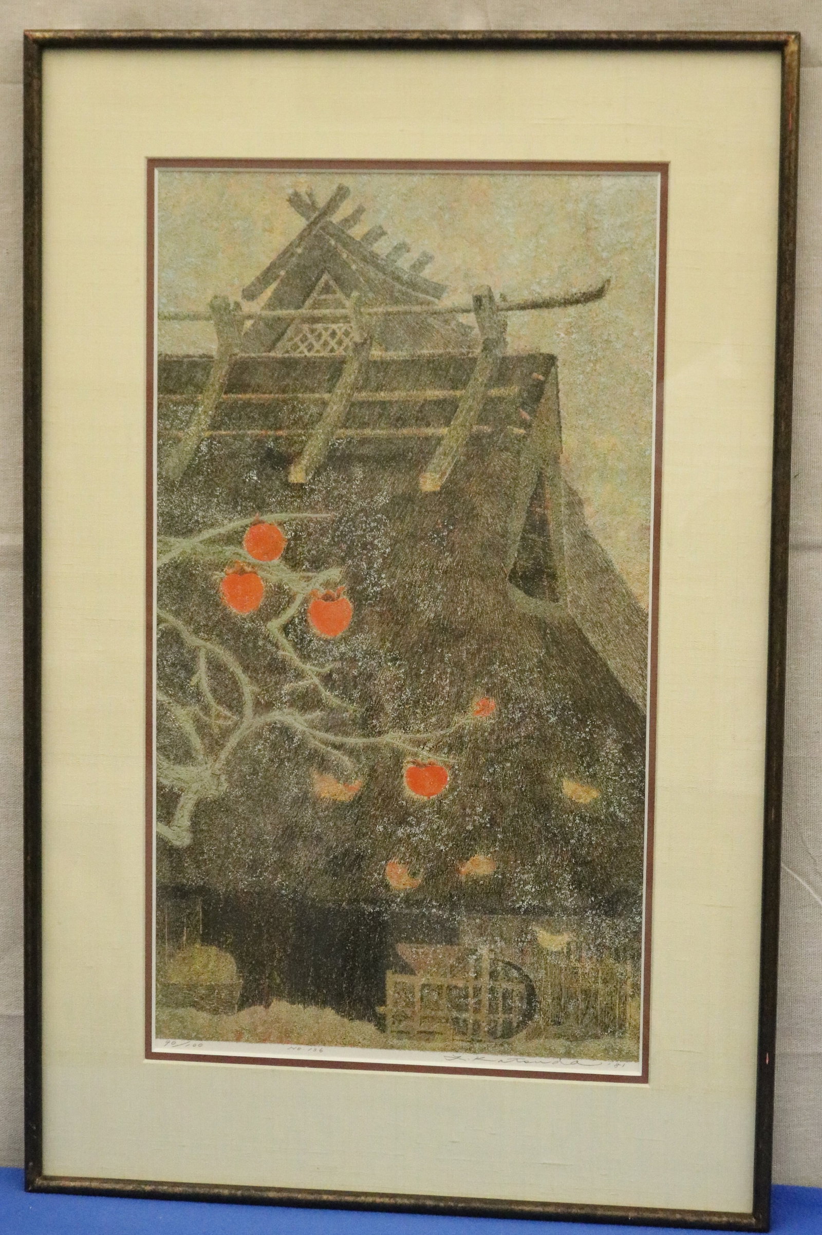 YUKIO KATSUDA (Japanese, Born 1941). No. 136: Persimmon Tree and Thatched Roof, 1981, Woodcut print,: YUKIO KATSUDA Japanese, Born 1941 No. 136: Persimmon Tree and Thatched Roof, 1981 Woodcut print Detailed print depicting a steeply pitched, moss-covered thatched roof of a traditional Japanese farmhou