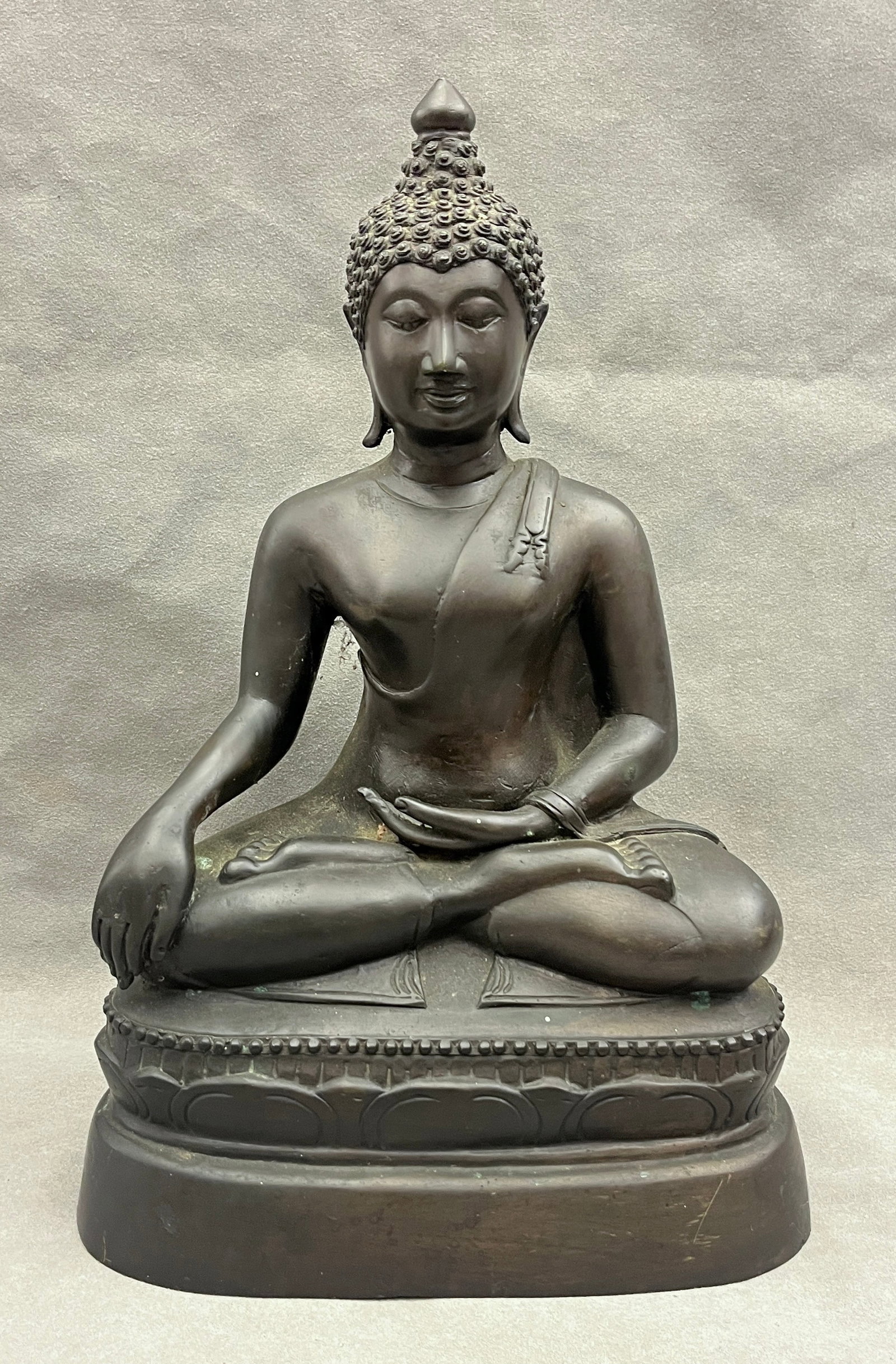 THAI SUKHOTHAI STYLE BRONZE FIGURE OF SEATED BUDDHA IN BHUMISPARSHA MUDRA - H: 15 in.. (1 of 7)