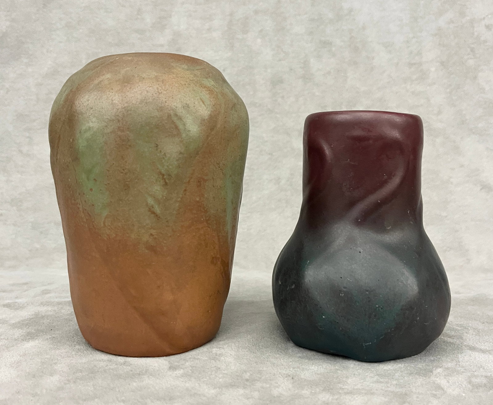 TWO PIECES SIGNED VAN BRIGGLE SHADED-GLAZE ART POTTERY early 20th century - Taller, H: 5 3/8 in.. (1 of 12)