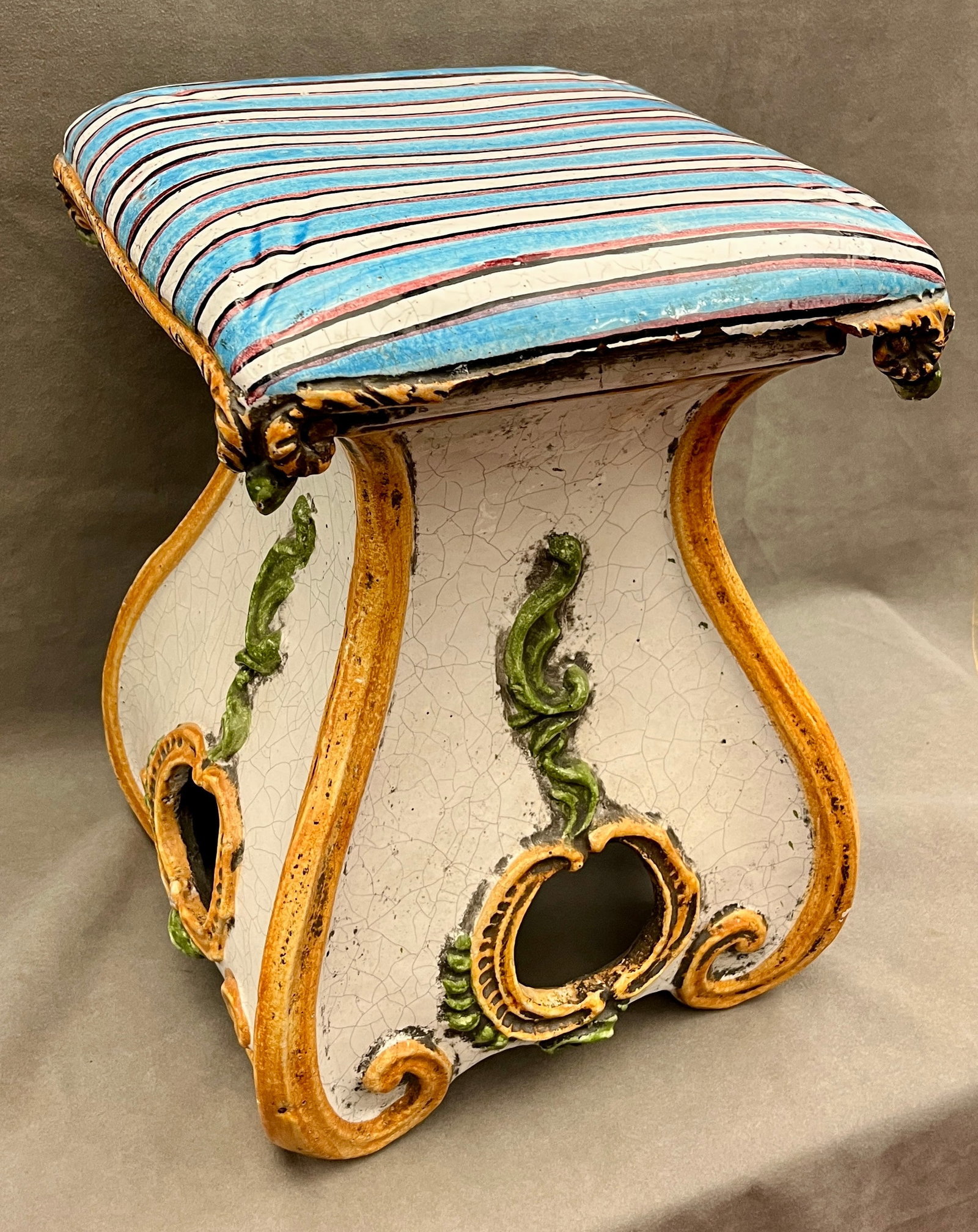 ITALIAN HAND-PAINTED CERAMIC GARDEN STOOL ATTRIBUTED TO EZIO CECCARELLI - H: 18 in. Top, 12 1/4 in., (1 of 8)
