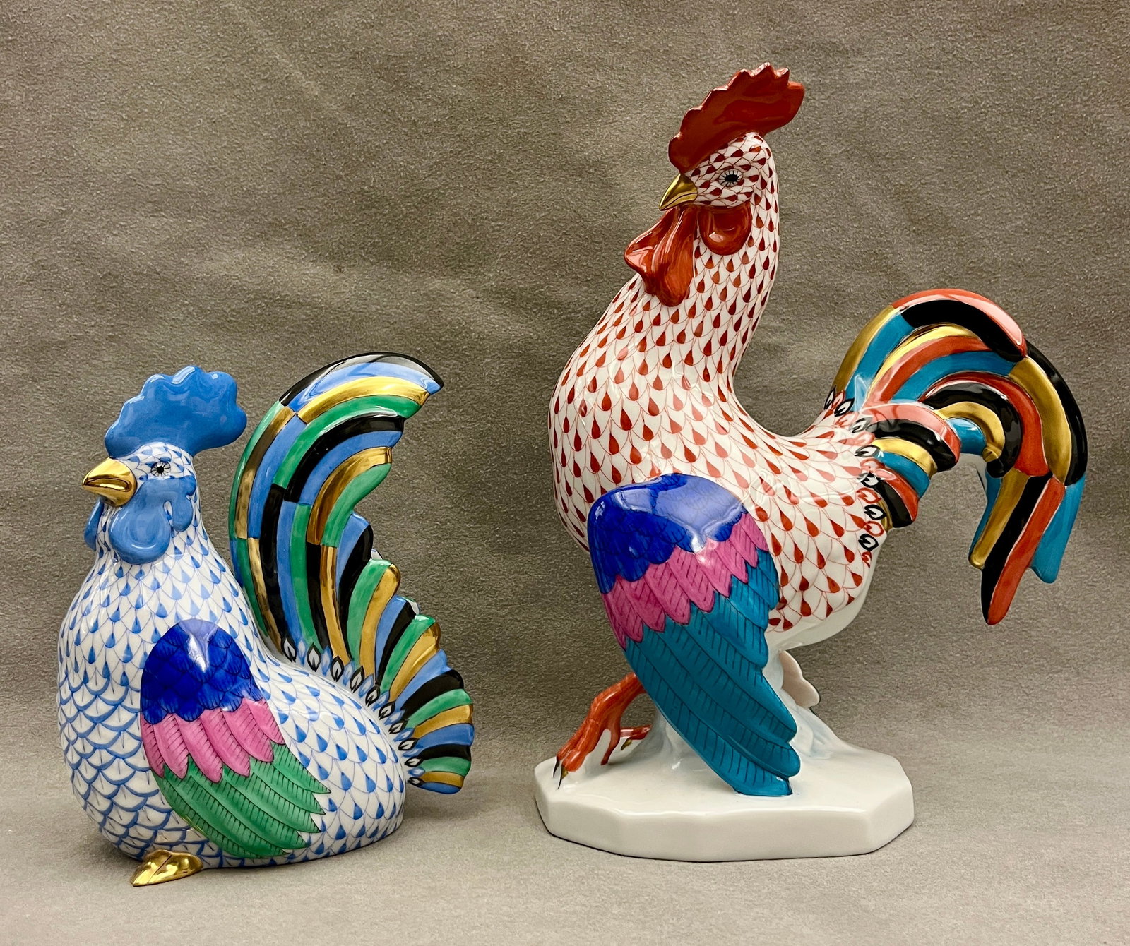 TWO HEREND PORCELAIN FIGURES OF ROOSTERS - . (1 of 14)