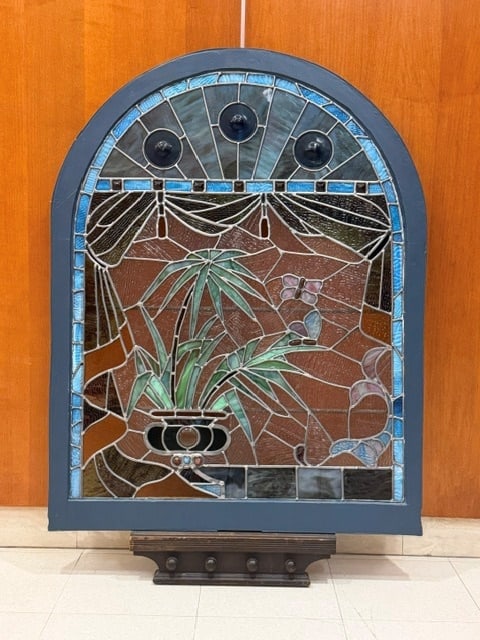 DOMED STAINED GLASS WINDOW PANEL - H: 43 in. W: 33 1/2 in.. (1 of 9)