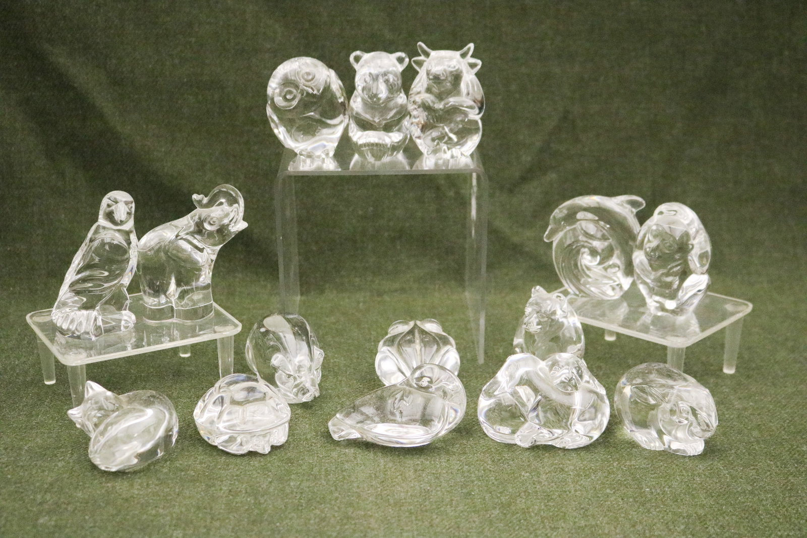 COLLECTION FIFTEEN SIGNED STEUBEN COLORLESS CRYSTAL ANIMAL FIGURES/HAND COOLERS - Tallest, H: 3 1/2 (1 of 14)