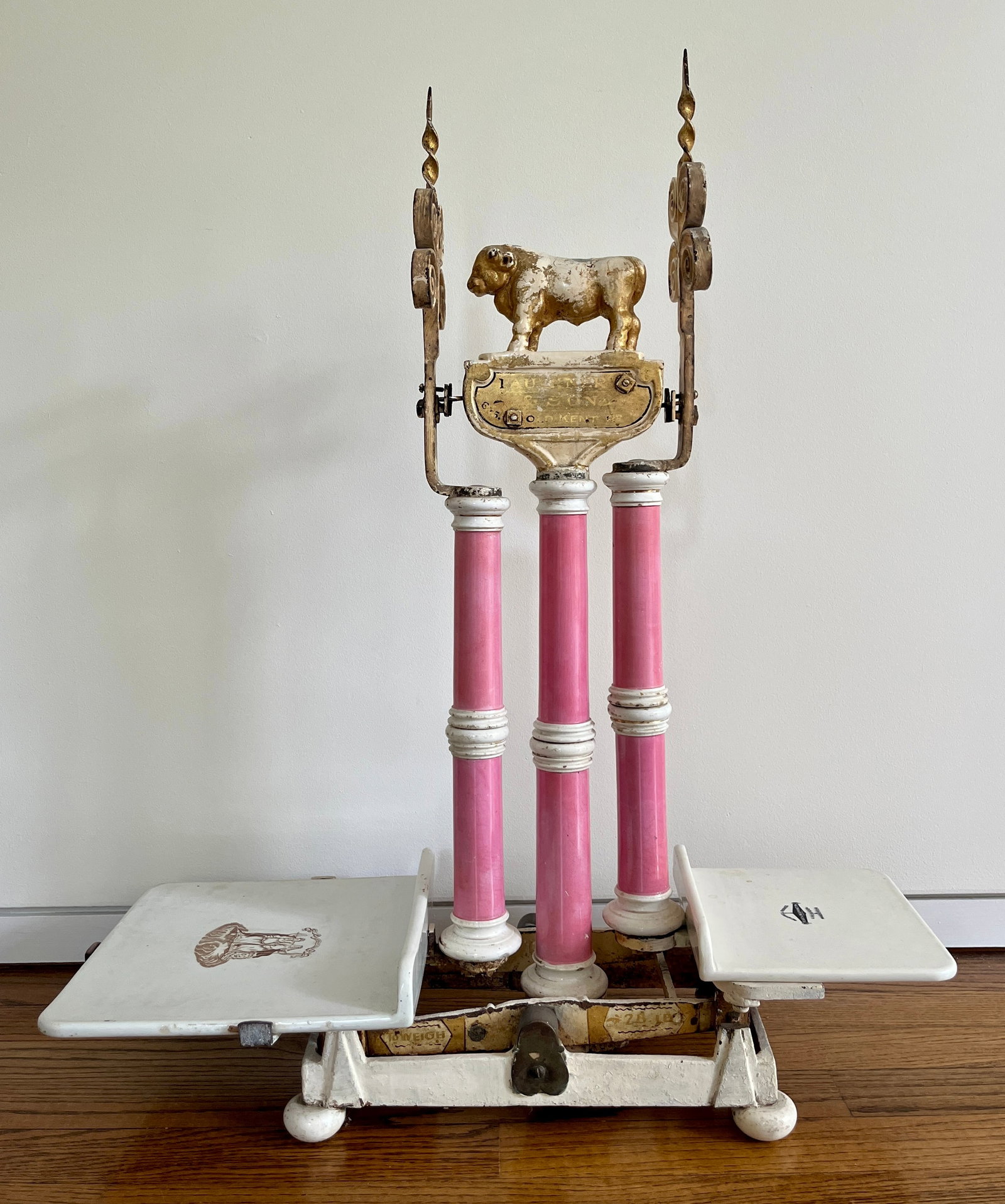 ENGLISH CAST IRON BUTCHER'S SHOP BALANCE SCALE WITH GILT BULL FINIAL, FAULKNER & SONS, OLD KENT ROAD (1 of 11)