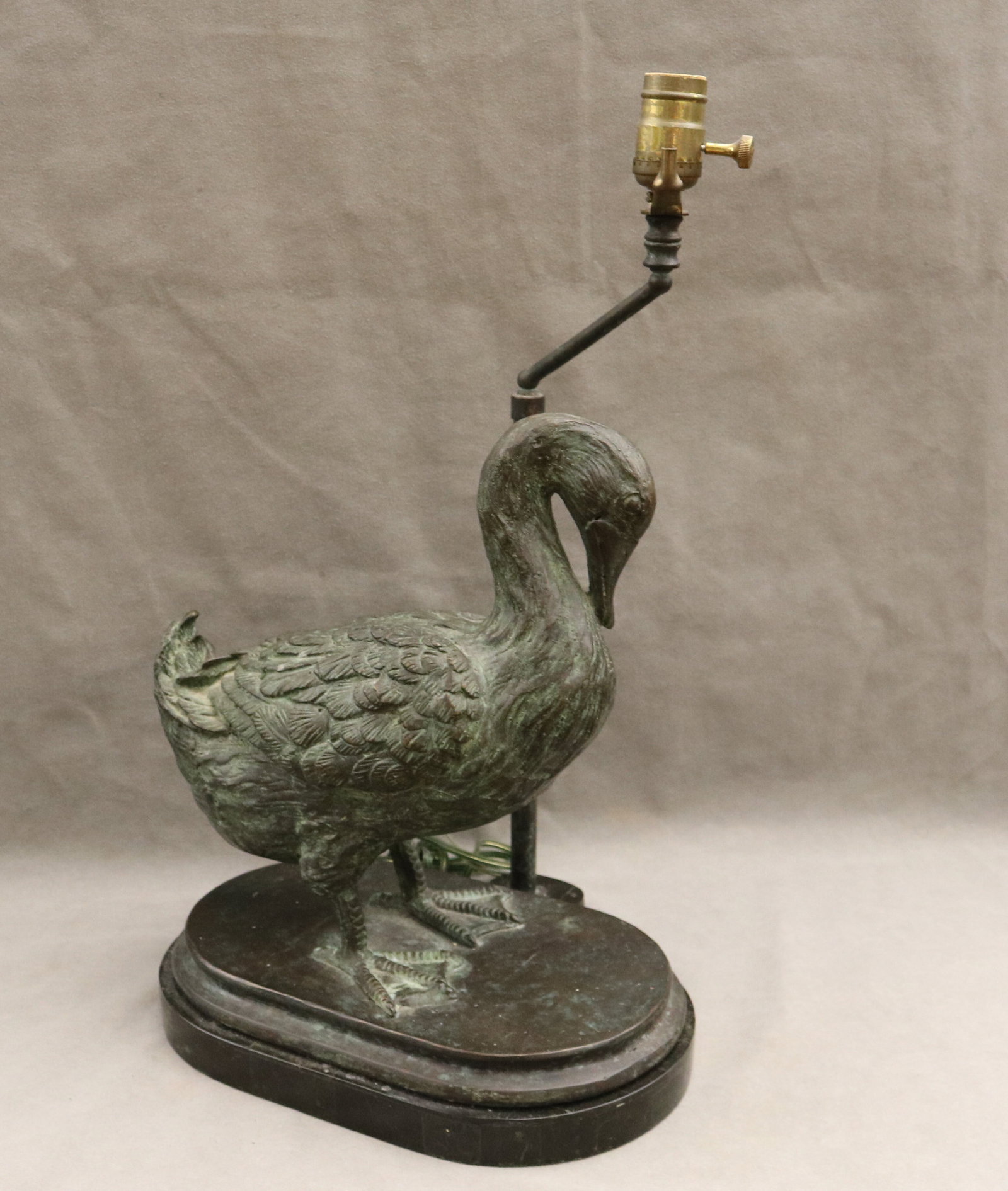 VERDIGRIS PATINATED BRONZE DUCK MOUNTED AS TABLELAMP ON BLACK MARBLE OVAL PLINTH - Base, H: 16 in.. (1 of 13)