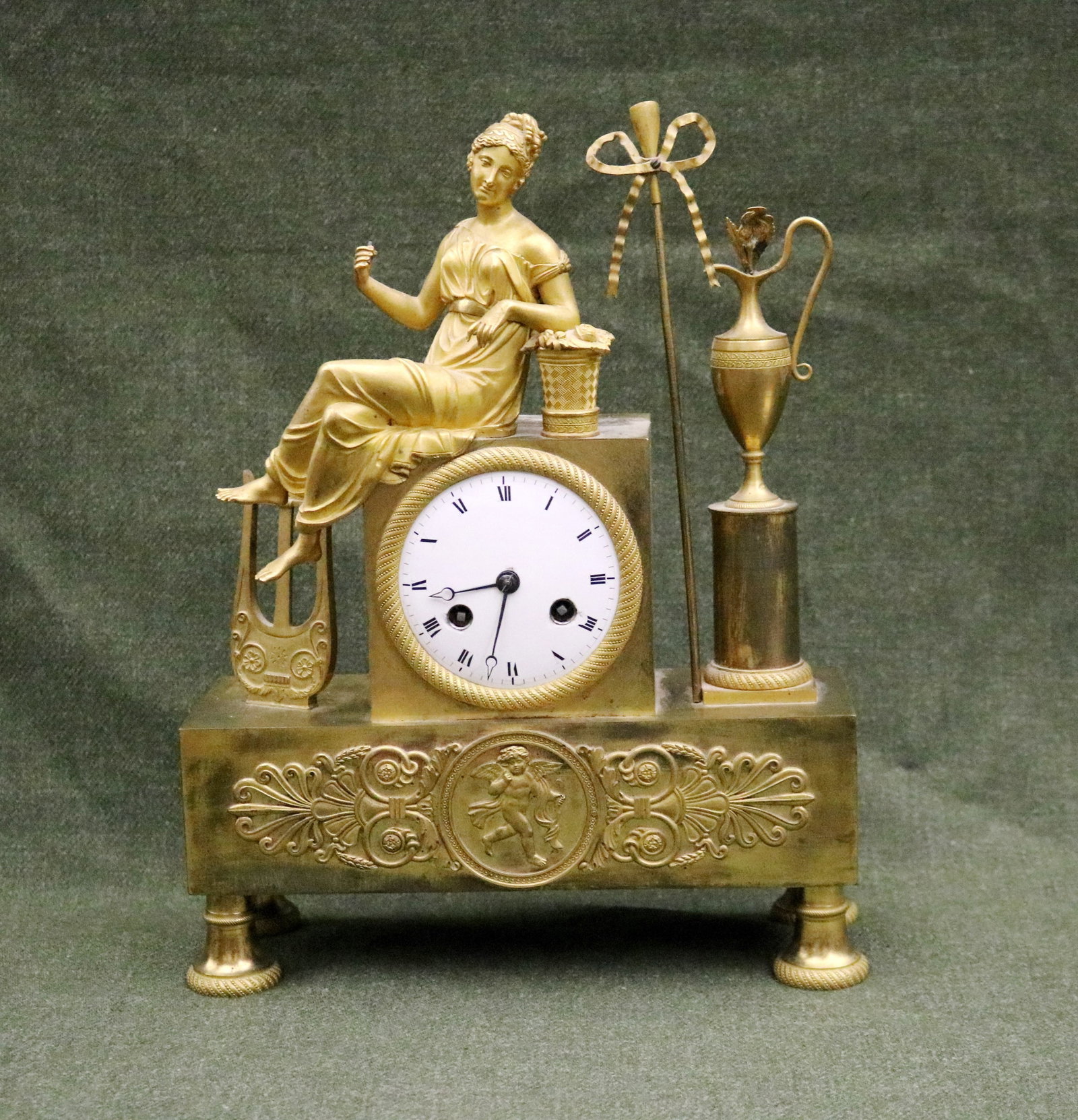 FRENCH EMPIRE GILT BRONZE FIGURAL MANTLE CLOCK 19th century - H: 13 1/2 in.. (1 of 17)