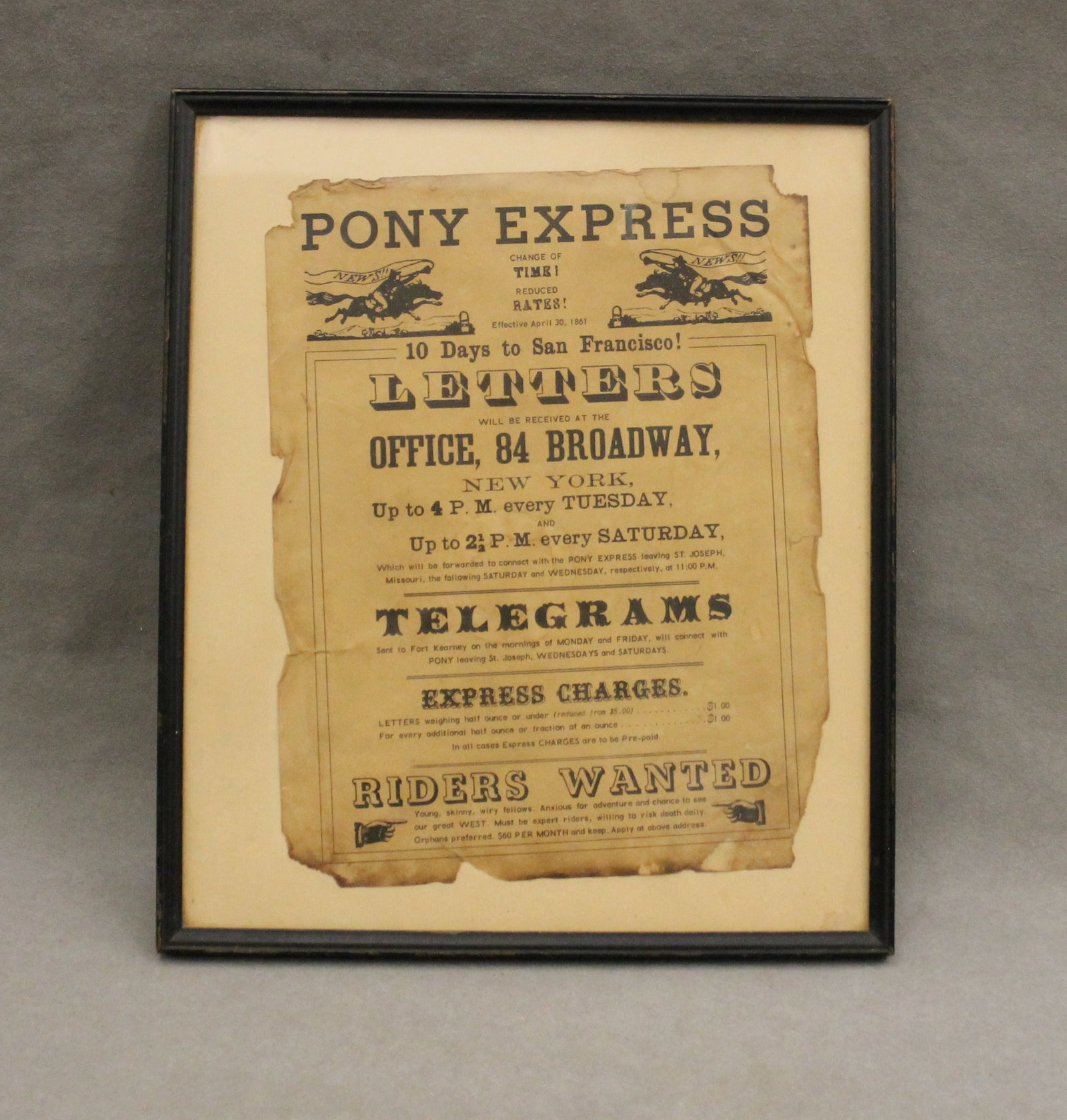 ORIGINAL PONY EXPRESS ADVERTISING CIRCULAR PROMOTING SERVICES AND SOLICITING FOR RIDERS - 11 in. x 8 (1 of 3)