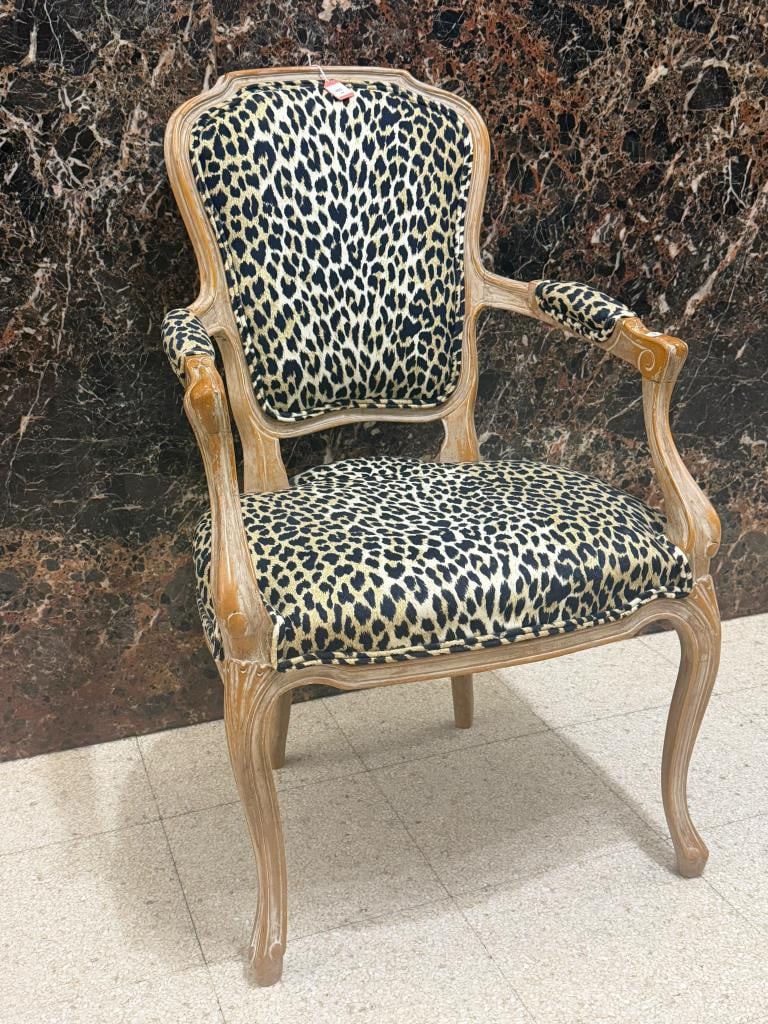 LOUIS XV STYLE CARVED AND WASHED FRUITWOOD FAUTEUIL WITH LEOPARD PRINT UPOLSTERY - . (1 of 6)