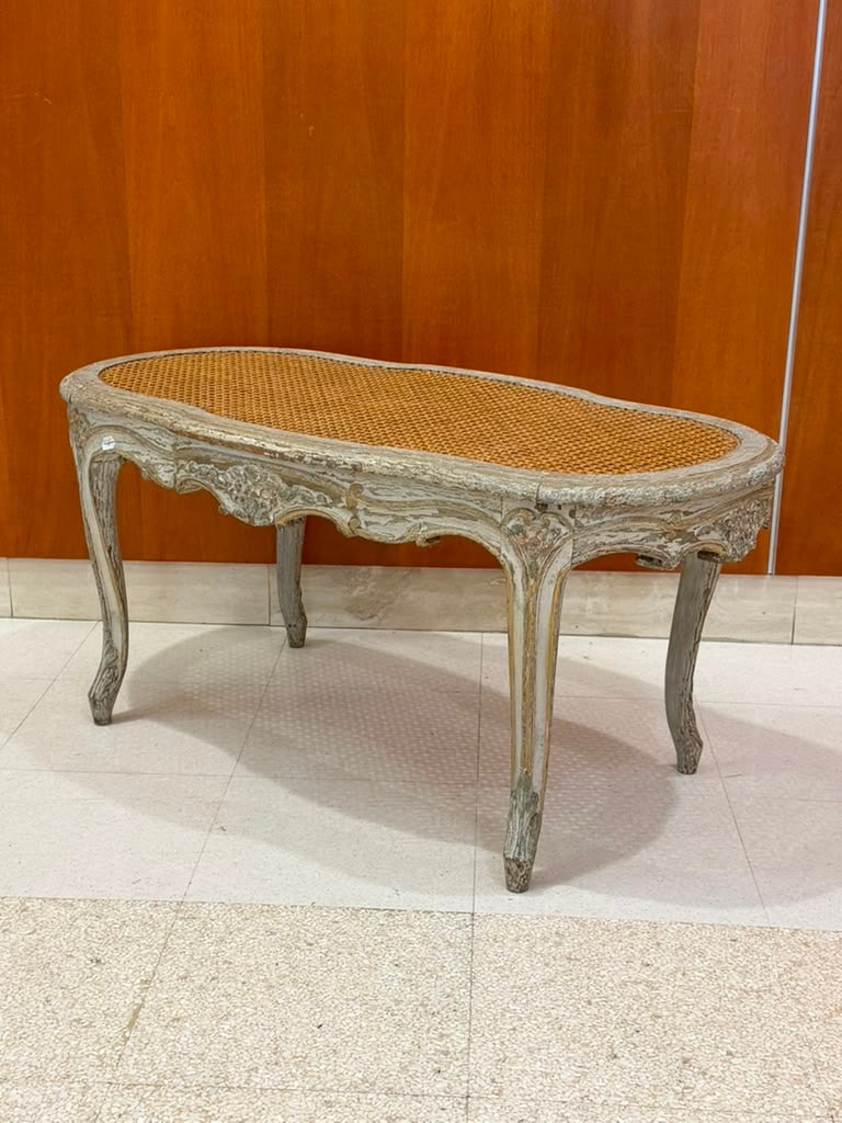 LOUIS XV STYLE FLORAL CARVED AND PAINTED LOW TABLE WITH CANED TOP - H; 17 3/4 in. Top, 38 in. x (1 of 8)