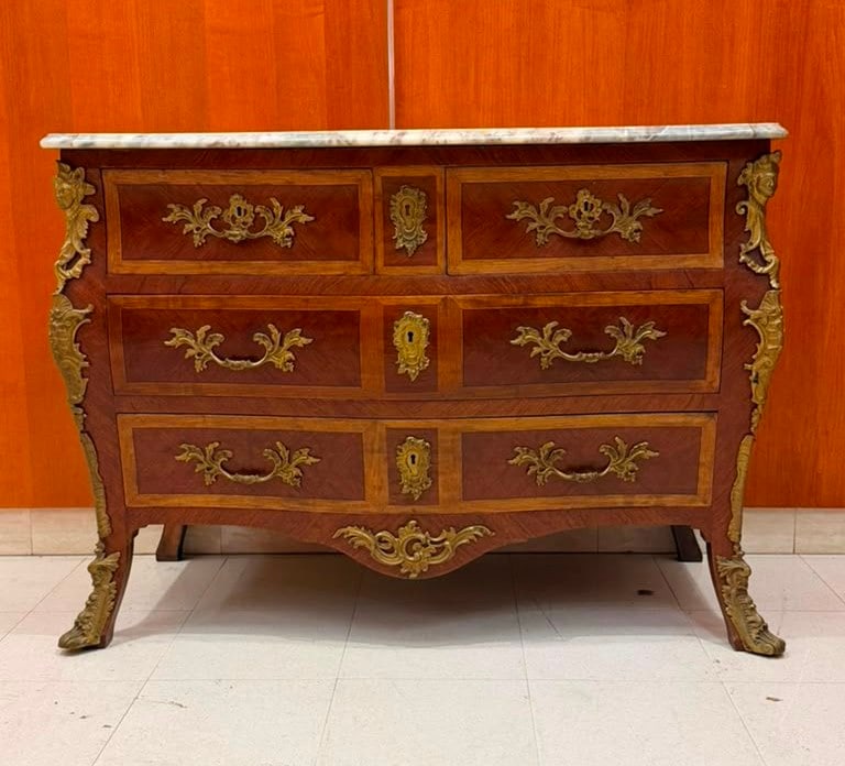FRENCH LOUIS XV STYLE KINGWOOD BOMBE COMMODE WITH MARBLE TOP - H: 34"; W: 45 1/2"; D: 21 1/2".. (1 of 7)