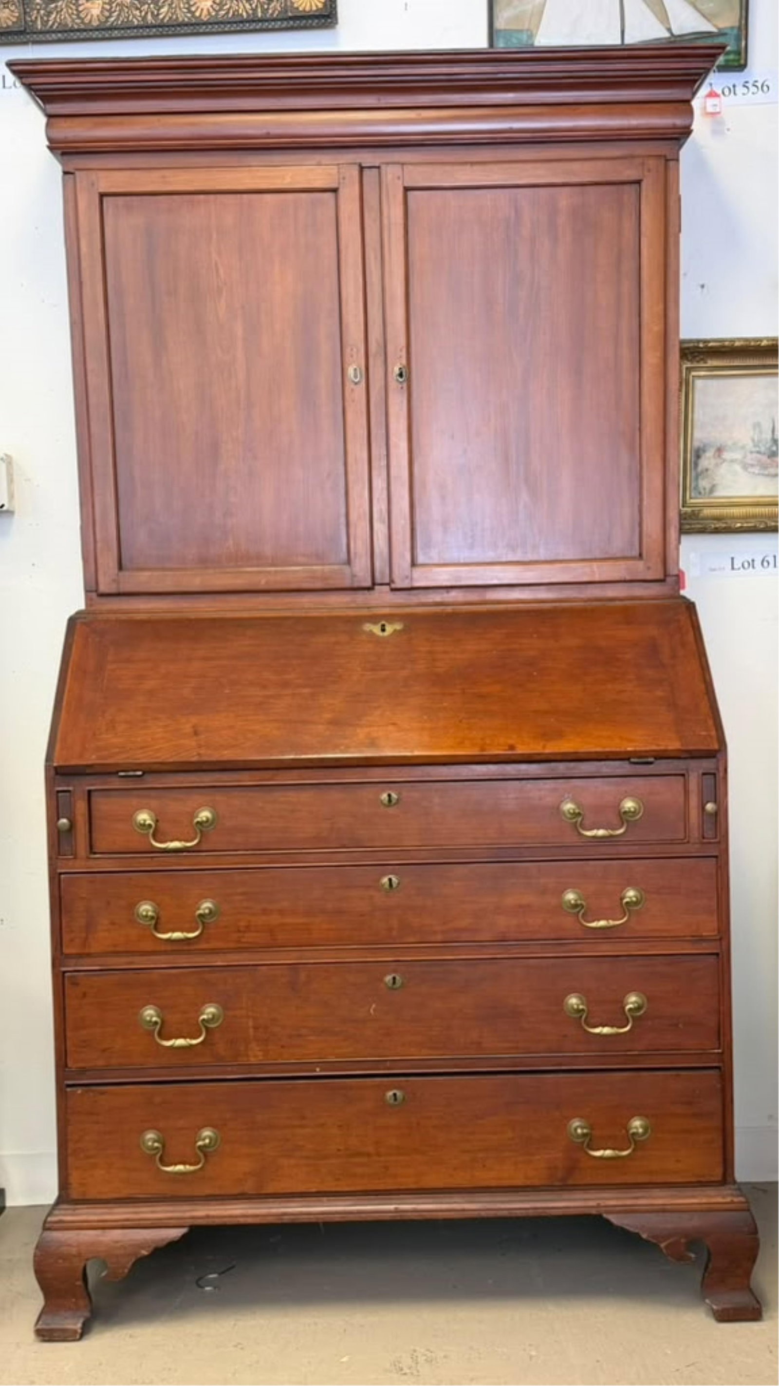 AMERICAN CHIPPENDALE CHERRYWOOD BOOKCASE DESK in two parts - H: 79 1/2 in. W: 41 3/4 in. (case); D: (1 of 9)