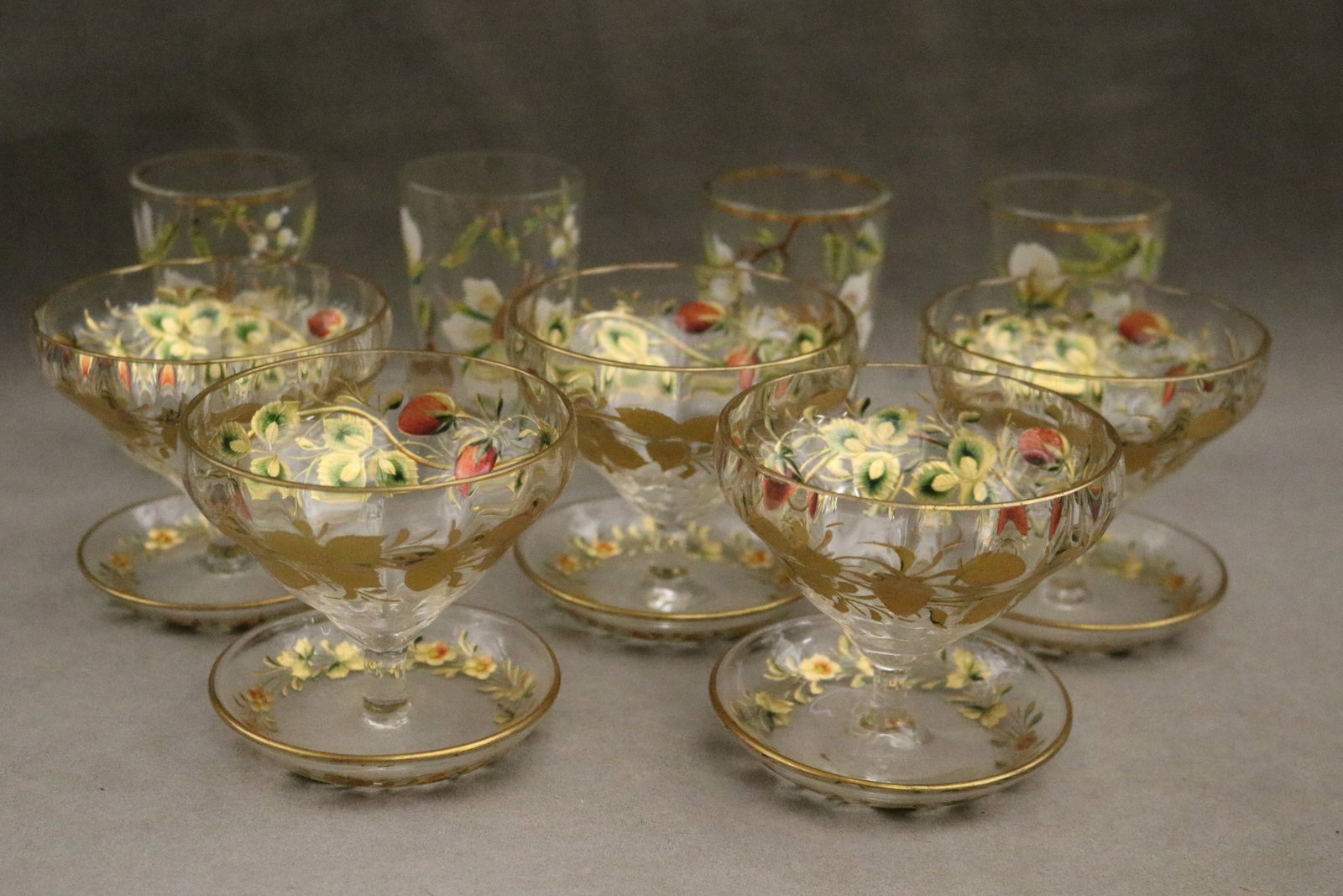 NINE PIECES FLORAL AND FRUIT-DECORATED ENAMELED COLORLESS CRYSTAL TABLEWARE - Tumblers, H: 3 3/4 (1 of 13)