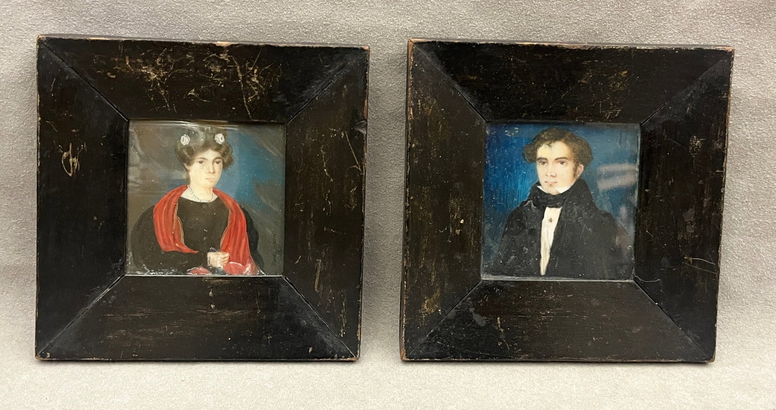 PAIR CONTINENTAL PORTRAIT MINIATURES OF A GENTLEMAN AND LADY DEPICTED IN PERIOD ATTIRE Early 19th (1 of 6)
