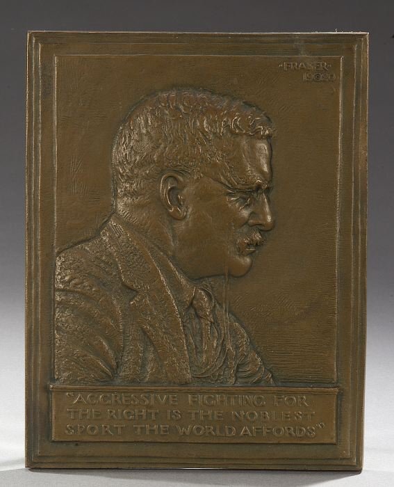 JAMES EARLE FRASER (American, 1876-1953: JAMES EARLE FRASER (American, 1876-1953). PORTRAIT OF THEODORE ROOSEVELT, signed and dated 1920, upper right. Bronze bas relief - 13 in. x 10 in.