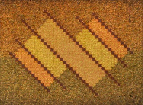 ALEJANDRO PUENTE Argentinian, CHINCHA HU: ALEJANDRO PUENTE (Argentinian, 20th century) CHINCHA HUA, signed twice, titled CHINCHA HUA and dated 1980 on the reverse. Acrylic on canvas unframed: 37 1/2 in. x 51 1/2 in.