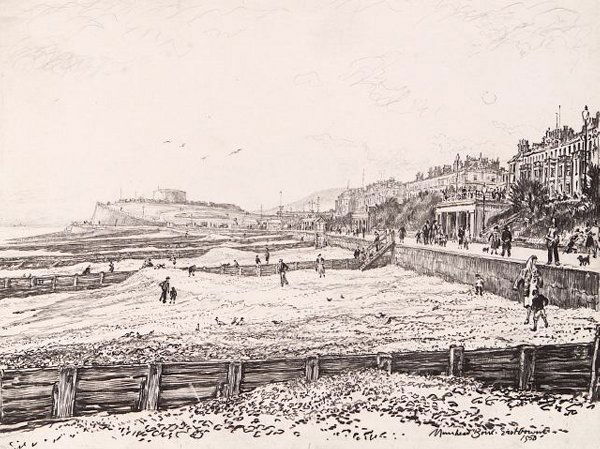 SIR MUIRHEAD BONE. (British, 1876-1953).: SIR MUIRHEAD BONE. (British, 1876-1953). THE WISHTOWER, EASTBOURNE, signed lower right, located and dated Eastbourne, 1950. Pen and pencil and ink - 8 1/4 in. x 10 7/8 in.