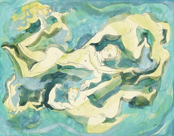 EMLEN ETTING (American, 1905-1993). CEL: EMLEN ETTING (American, 1905-1993). CELESTIAL NUDES, signed and dated 1950, lower right. Watercolor - 11 in. x 13 3/4 in.