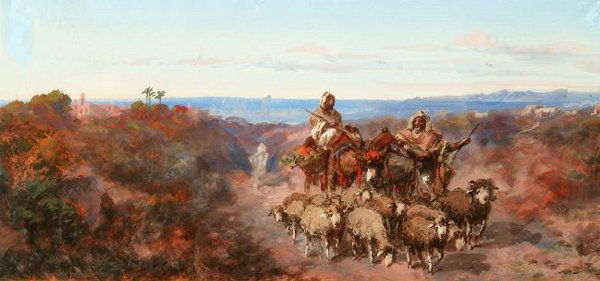 ATTRIBUTED TO PAUL PASCAL (French/American, 1840-: ATTRIBUTED TO PAUL PASCAL (French/American, 1840-1905). BEDOUINS HERDING SHEEP IN THE DESERT, gouache on paper - Sight size: 8 1/4 in. x 17 in.