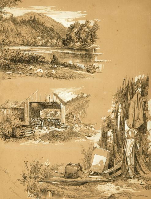 PETER MORAN (American, 1841-1915). MY SKETCHING O: PETER MORAN (American, 1841-1915). MY SKETCHING OUTFIT, signed P. Moran" and titled lower left, identified "A leaf out of my sketchbook for Rebecca Stafford" on a board attached to reverse. Graphite h
