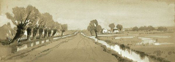 PETER MORAN (American, 1841-1915). A COUNTRY ROAD: PETER MORAN (American, 1841-1915). A COUNTRY ROAD, BUCK'S COUNTY, signed, located Buck's County and dated 1878 on reverse. Graphite, ink and wash on brown paper - 4 3/4 in. x 13 in. EXHIBITION: A