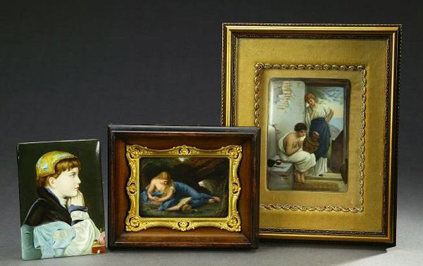 THREE CONTINENTAL PAINTED PORCELAIN PLAQUES. late: THREE CONTINENTAL PAINTED PORCELAIN PLAQUES. late 19th to early 20th century. The first a Berlin style porcelain depiction of Mary Magdalen, after Annibale Carracci, impressed '107' and 'Magdaline Bat