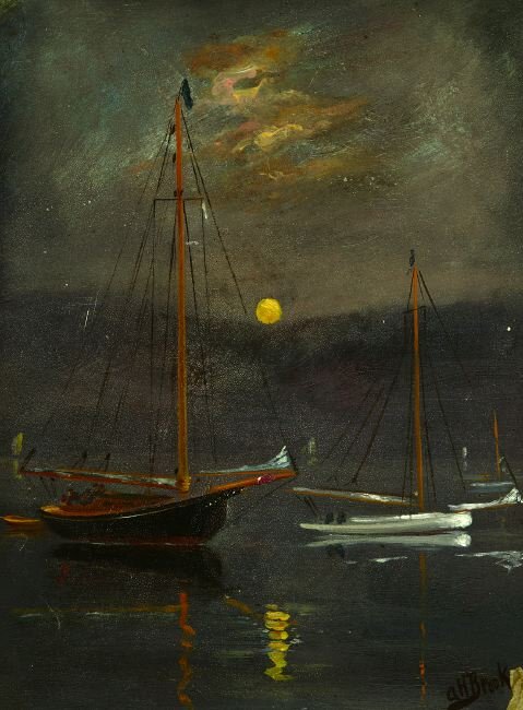 ALEXANDER BROOK (American, 1898-1980). MOONLIGHT: ALEXANDER BROOK (American, 1898-1980). MOONLIGHT AND SAILBOATS, signed lower right. Oil on board - 12 in. x 9 in.