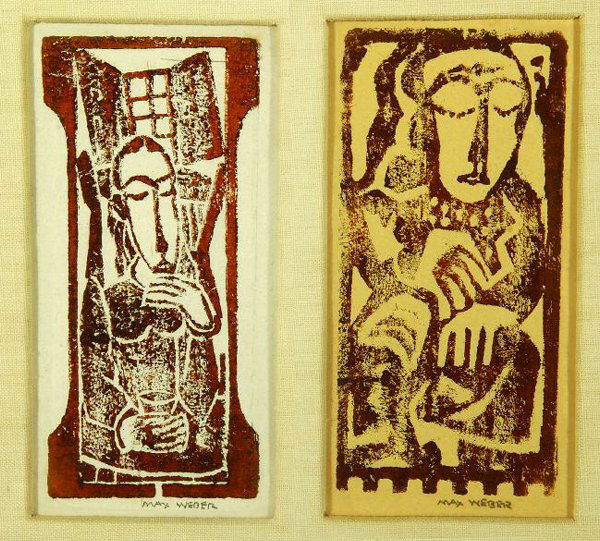 MAX WEBER (American, 1881-1961)). SEATED WOMAN WI: MAX WEBER (American, 1881-1961)). SEATED WOMAN WITH CLOSED EYES, AND MAN WITH CUP: TWO WORKS FRAMED AS ONE; Circa 1920. each signed Max Weber. Woodcut on paper. - Each, image: 4 1/4 x 2 in.