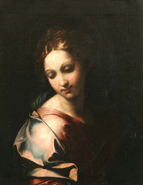 AFTER ANNIBALE CARRACCI (Italian, 1560-1609). SAI: AFTER ANNIBALE CARRACCI (Italian, 1560-1609). SAINT IN ROSE COLORED DRESS, oil on canvas - 20 1/2 in. x 16 1/2 in.