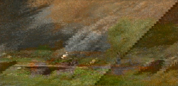 GEORGE INNESS (American, 1825-1894). COMING STORM: GEORGE INNESS (American, 1825-1894). COMING STORM, signed lower left. Titled on reverse. Oil on canvas mounted on cradled board - 7 1/2 in. x 14 3/4 in. This painting will be included in Michael Qui