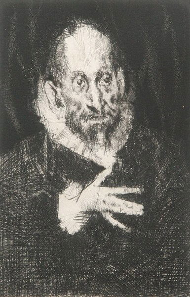JACK LEVINE (American, b. 1915). PORTRAIT OF A MAN: JACK LEVINE (American, b. 1915). PORTRAIT OF A MAN IN LACE COLLAR, signed and numbered 1/100 in pencil, lower margin. Etching - Plate: 11 3/4 in. x 7 3/4 in.
