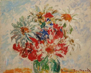 PIERRE PHILIPPE BERTRAND (French, 1884-1975). BOUQ: PIERRE PHILIPPE BERTRAND (French, 1884-1975). BOUQUET FLOWERS, signed lower right. Inscription on reverse. Oil on board - Unframed: 8 3/4 in. x 10 1/2 in.