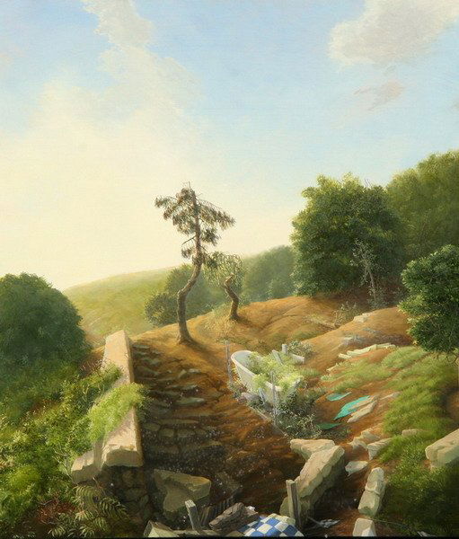 SARAH MCCOUBREY (American, b. 1956). THE BATHTUB,: SARAH MCCOUBREY (American, b. 1956). THE BATHTUB, signed lower right. Dated 1990 and titled on gallery label on reverse. Oil on panel - 20 in. x 17 1/2 in. PROVENANCE: Robert Brown Contemporary