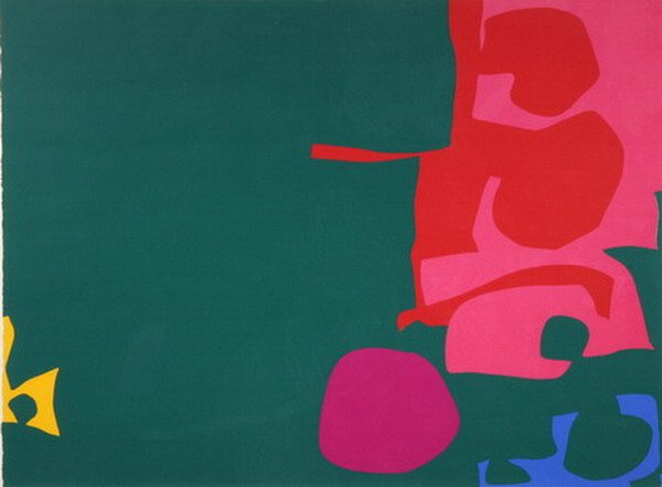 PATRICK HERON (British, b. 1920). INTERLOCKING SC: PATRICK HERON (British, b. 1920). INTERLOCKING SCARLET AND PINK IN DEEP GREEN, signed, dated '70, and numbered 11/100 in pencil, lower margin. Color silkscreen - Sight: 24 3/4 in. x 32 1/4 in.