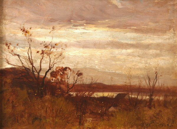 ERNEST PARTON (American, 1845-1933). SUNSET BY TH: ERNEST PARTON (American, 1845-1933). SUNSET BY THE LAKE, signed lower right. Oil on canvas - 9 in. x 12 in.