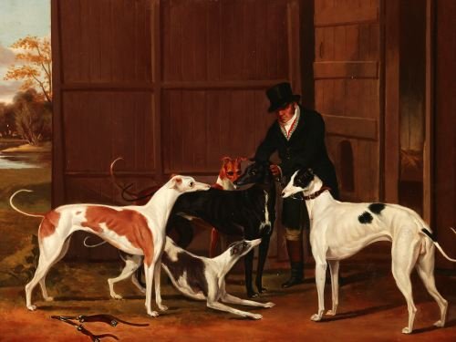 ERIC LUNDGREN (American, born 1906). HUNTSMAN WITH: ERIC LUNDGREN (American, born 1906). HUNTSMAN WITH HIS HOUNDS, Oil on board - 18 in. x 24 in.