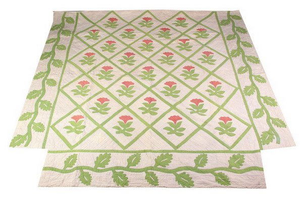 TULIP APPLIQUE QUILT, circa 1860-1870's. - 88 in.: TULIP APPLIQUE QUILT, circa 1860-1870's. For four poster bed - 88 in. x 92 in.