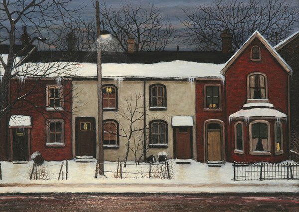 JOHN KASYN (Canadian, b. 1926). MID-NIGHT IN CABB: JOHN KASYN (Canadian, b. 1926). MID-NIGHT IN CABBAGE TOWN, signed lower right. Oil on masonite - 13 in. x 17 3/4 in.